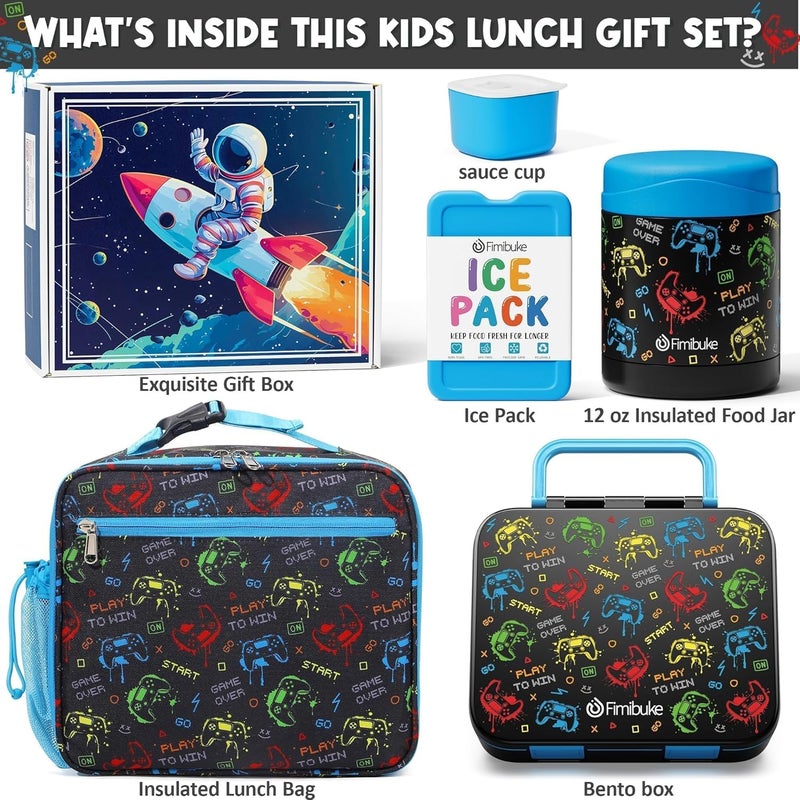 Fimibuke Bento Lunch Box for Kids, 3-Compartment 32OZ Snack Lunch Container, Lunch Bag, 12OZ Insulated Food Jar & Ice Pack Set for Age 3-12 School Daycare Toddler Teen Girls Boys, Gamepad - Image 3